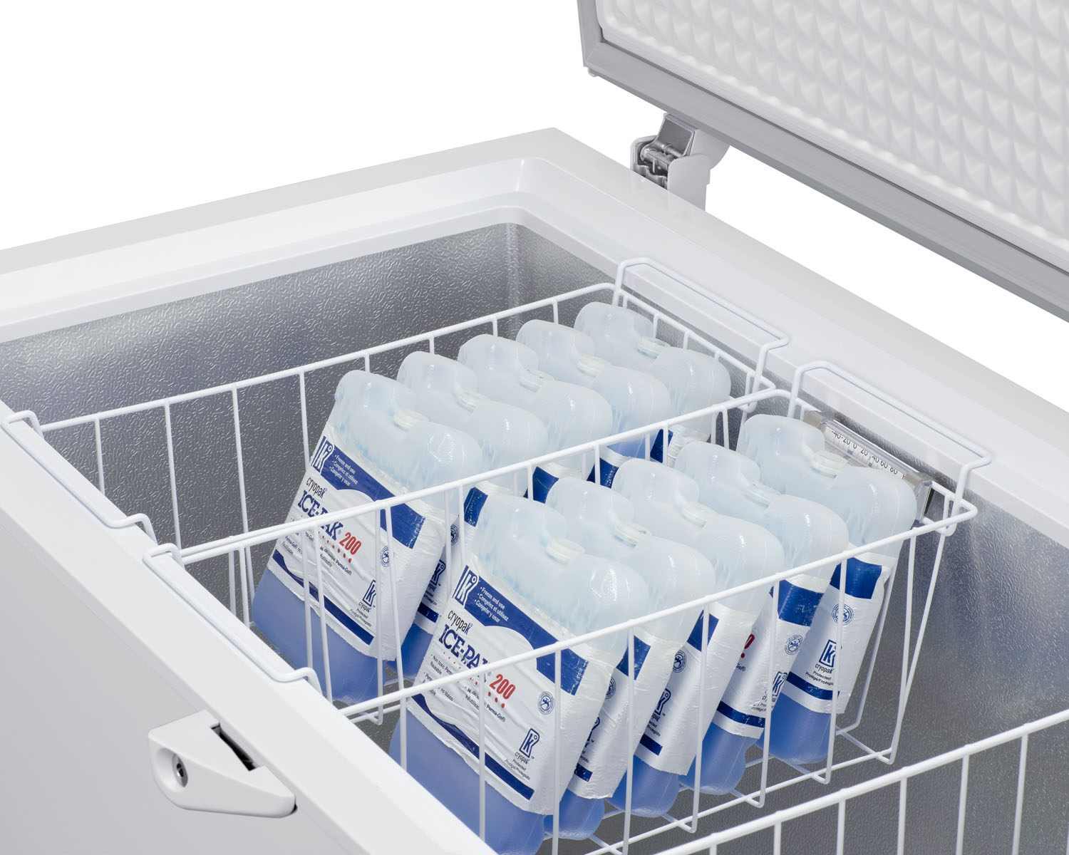 Commercially listed 10 cu.ft. manual defrost chest freezer in white with stainless steel corner guards, stainless steel look lid, interior light, and lock